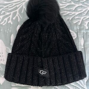 UGG Black Knit Hat with Pom